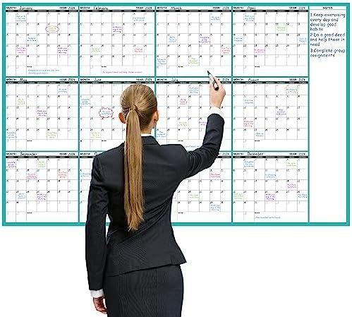 Large Dry Erase Calendar for Wall - Undated 12 Month Wall Calendar, 37”×58", Yearly Wall Calendar Dry Erase, Erasable & Reusable Calendar with 15 Round Stickers, Green Large Wall Calendar Dry Erase