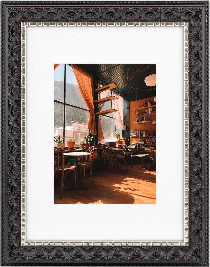 Golden State Art, 9X12 Ornate Finish Photo Frame with White Mat for 6X8 Picture & Real Glass, Color: Black with Silver & Burgundy