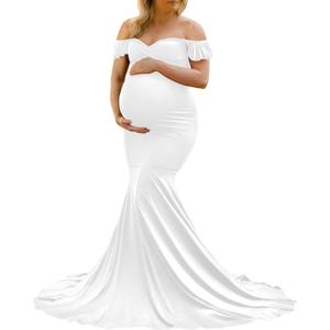 Saslax Off Shoulder Ruffle Sleeves Elegant Fitted Maxi Maternity Dress for Photoshoot Baby Shower (Small, White)