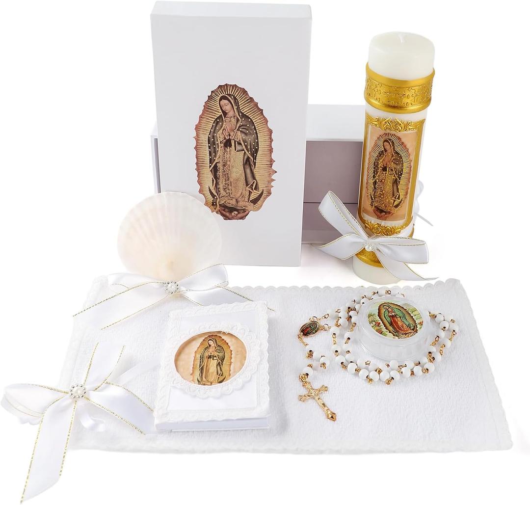 Baptism Candle Set for Boys and Girls,5 PCS Baptism Kit Virgen De Guadalupe Catholic Candle,Towel,Shell,Rosary,Bible for Baptismal Christening First Communion Gift,Velas para Bautizo De Nio o Nia