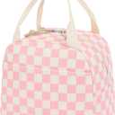 Corduroy Lunch Box for Women Girls, Lunch Tote Bags Reusable Insulated Cooler Lunchbag Large Capacity Lunchbox for Work Travel Picnic (Checkered Pink)