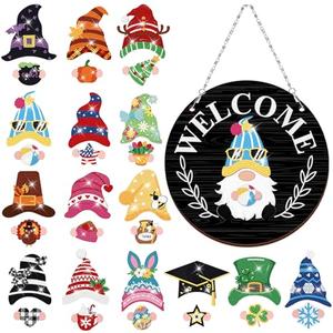 Qunclay 31pcs Interchangeable DIY Gnome Welcome Sign Magnetic Diamond Art Painting Kit for Front Door, Detachable Hat Holiday Decor with Tools, Summer Holiday Handmade Gift for Wall Door(Black)