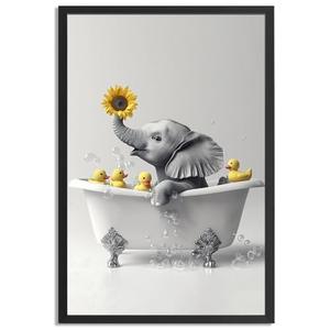 Framed Funny Black And White Bathroom Wall Art Baby Elephant And Toy Duck In The Bathtub Bathroom Signs Picture-Cute Animal Art Bathroom Wall Decor Canvas Prints Ready To Hang, Size: 7" x 11"