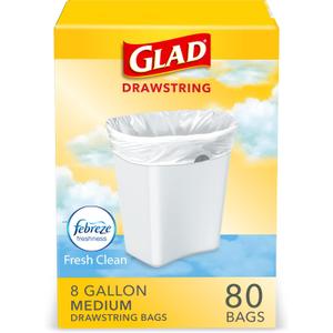 Glad Medium Trash Bags, 8 Gallon, Febreze Fresh Clean Garbage Bags, With Odor Control and Drawstring, 80 Count