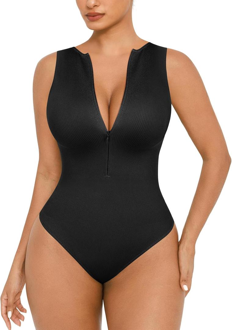 FeelinGirl Bodysuits for Women Seamless Body Suit Invisible Zip Up Crew Neck Slimming Ribbed Basic Tank Tops (Large, Black)