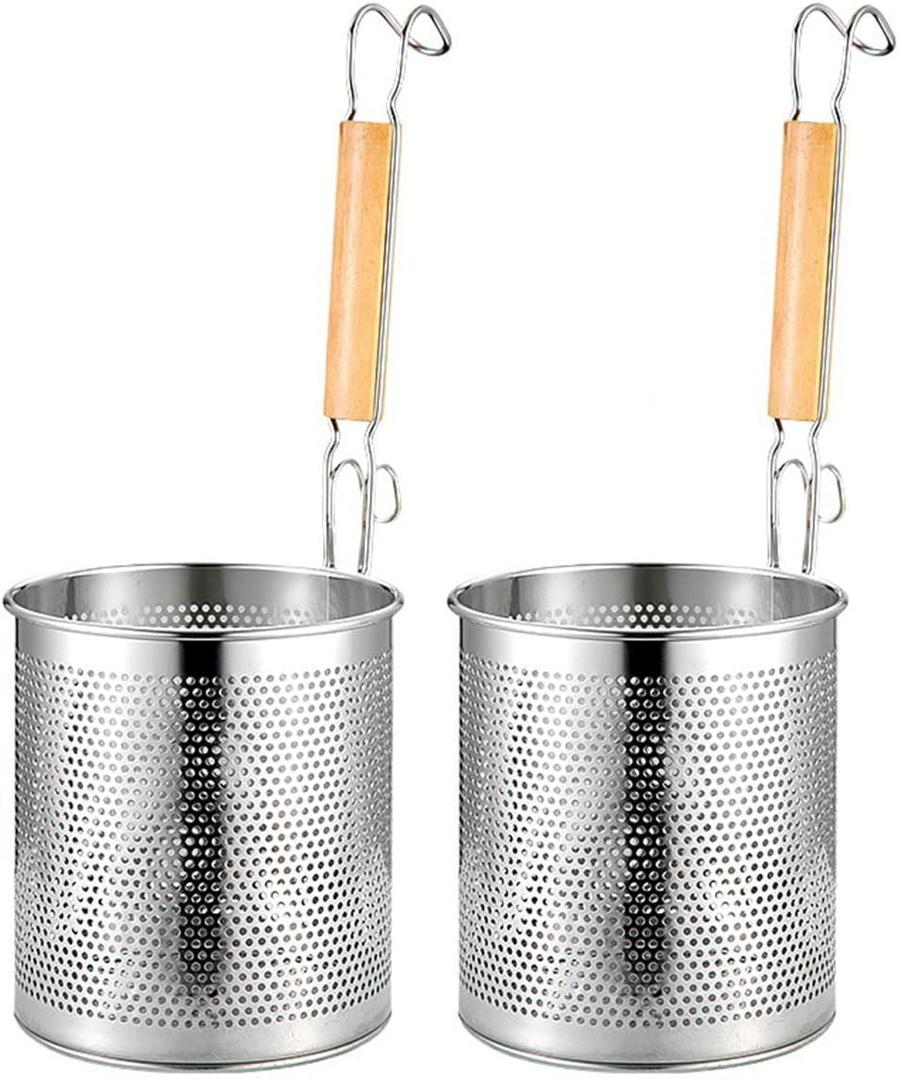 2 Pieces Pasta Strainer, Stainless Steel Mesh Spider Strainer, Basket Fine Mesh Spider Basket with Wooden Handle Good For Boiling Food Spaghetti Dumpling