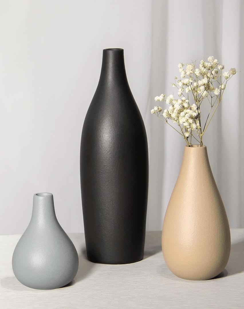 Ceramic Vase Set of 3 Modern Neutral, Flower Vases for Centerpieces, Vases Home Decor Rustic Farmhouse Decor for Table, Shelves, Enterway, Living Room, Bedroom, Office, Kitchen (Grey Black Brown)