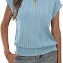 Cap Sleeve Tops for Women Trendy Summer Casual Short Sleeve Smocked Waist Loose Fit T Shirts Blouse (Blue, XL)