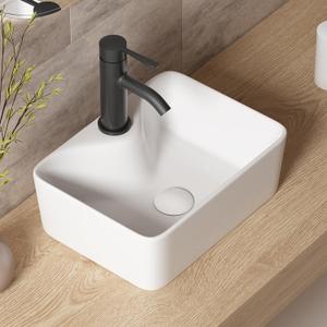White Porcelain Ceramic Above Counter Sink - 16x12 Inch Rectangular Vessel Sink Bowl with Faucet Hole for Tiny Bathrooms