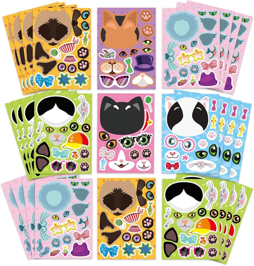 5 x Jovial & Joyful 36 Sheets Create Your Own Cat Stickers, Multicolor Cartoon Cat Themed Kids Stickers, Vinyl Material, Perfect for Scrapbook, Laptop, Water Bottle, Paper, Plastic, Glass Surfaces