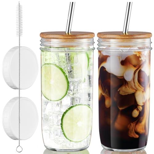 CMLKLZD Glass Cups Set - 24oz Mason Jar Drinking Glasses with Acacia Wood Lids & Straws & Airtight Lids - Wide Mouth lced Coffee Cups Boba Bottle Tumbler for Bubble Tea, Smoothie - 4 Pack