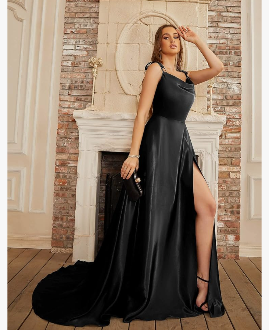 BABYONLINE D.R.E.S.S.Women's Satin Prom Dress Spaghetti Straps Split Bridesmaid Long Formal Wedding Guest Evening Party Gowns, S, Black