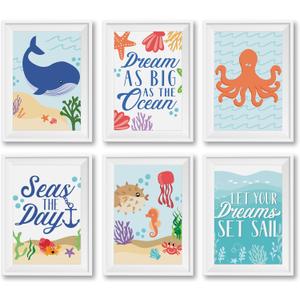 Hadley Designs 6 Ocean Wall Decor - Beach Room Decor for Toddlers, Seahorse and Whale Pictures Wall Decors for Kids, Reversible Unframed Ocean Art for Kids Bedroom, Made in USA