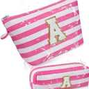 Gosect Initial Makeup Bag Personalized Stripe Cosmetic Bag Cute Waterproof Travel Toiletry Bag Birthday Gifts for 10 11 12 13 14 15 16 Years Old Teen Girl Gift Trendy Stuff (Pink A)