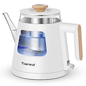 TOPWIT Electric Kettle, 1.0L Electric Tea Kettle with Removable Stainless Steel Infuser, BPA-Free Electric Glass Kettle with Window, Double Wall Water Warmer, Gooseneck, Auto-shut Off, White