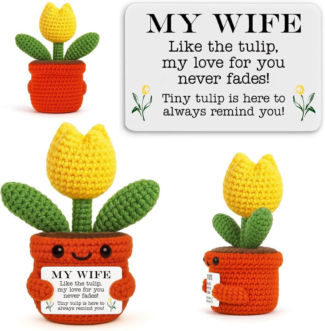 Mini Crochet Tulip Gifts for Wife, Wife Gift from Husband Handmade Tulip for Anniversary Birthday Valentines Day Mothers Day Just Because, Cute Encouragement Gift for Her Desk Decor