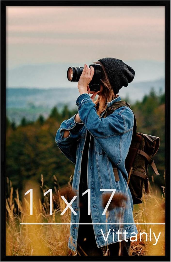 Vittanly 11x17 Picture Frame for Wall, Plexiglass, Displays Poster 8x12 with Mat or 11x17 without Mat, PVC Frame Material, Horizontal or Vertical Hanging, 1 Pack, Black
