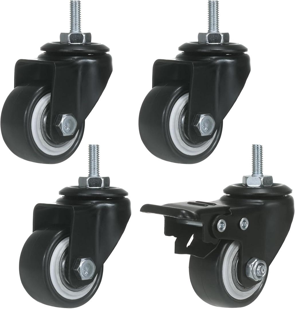 ZIIYAN 1.5 inch Stem Caster Wheels, Black Threaded Stem Caster WheelM6 x 15mm PU No Noise Swivel Castors with 360 Degree Rotation, Pack of 4 (One with Brake)