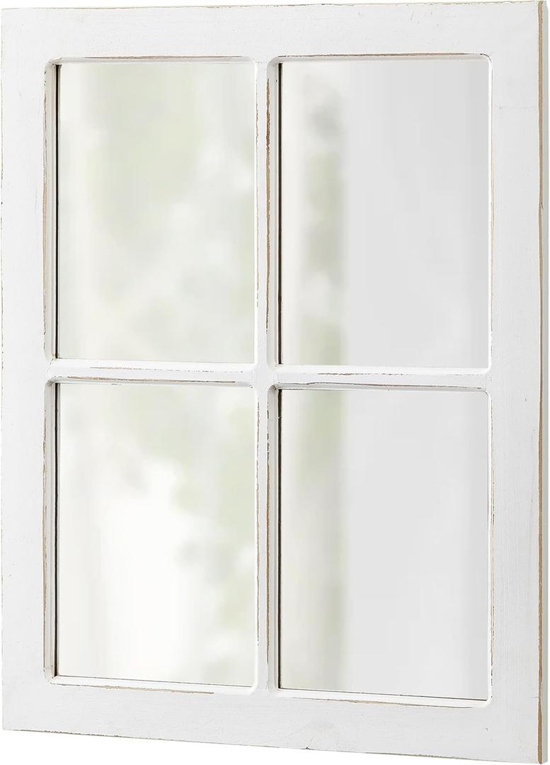 Rustic Window Mirrors for Wall Decor 18 X 23 Inch, Hanging Distressed White Wood Frame Decorative Mirrors for Kitchen, Farmhouse Windowpane Mirror for Entryway, Horizontal or Vertical