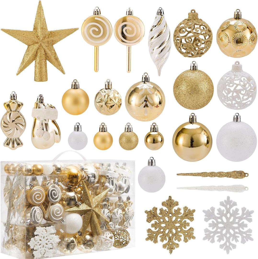 Shatterproof Christmas Ball Ornaments Set, 130 Pack Christmas Tree Decorations, Assorted Hanging Christmas Balls Bulk for Holiday Indoor Outdoor Xmas Party Decor (130 Golden)