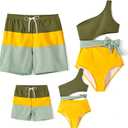PATPAT Family Matching Swimsuits Mommy and Me One Shoulder Cutout Colorblock Bathing Suits One Piece Swimwear Sets (Large, Green/Yellow)