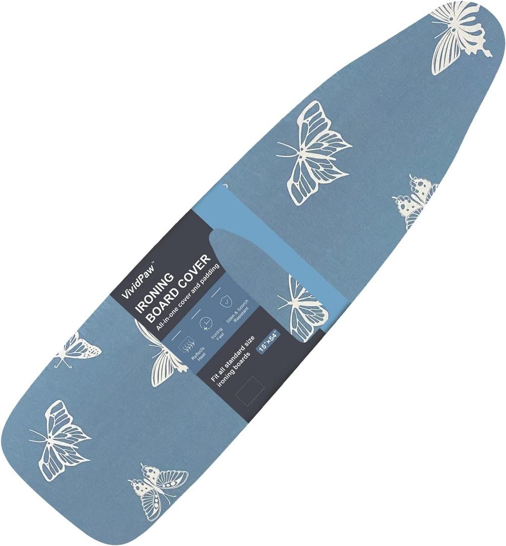 Ironing Board Cover and Pad, Standard Size 15x54, Thick Padding, Elastic Edge, Resist Scorching, Adjustable Fastener, Heavy Duty Floral Iron Board Covers (Butterfly) (Retro Blue (Butterfly))