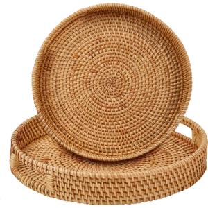 Round Rattan Serving Tray with Handles,2 Hand Woven Basket, Home Decor Organizer Tray for Breakfast, Tea, Snack, Fruit, Coffee, Storage (Large + Medium)(14.17inchX2.3inch+11.9inchX1.7inch