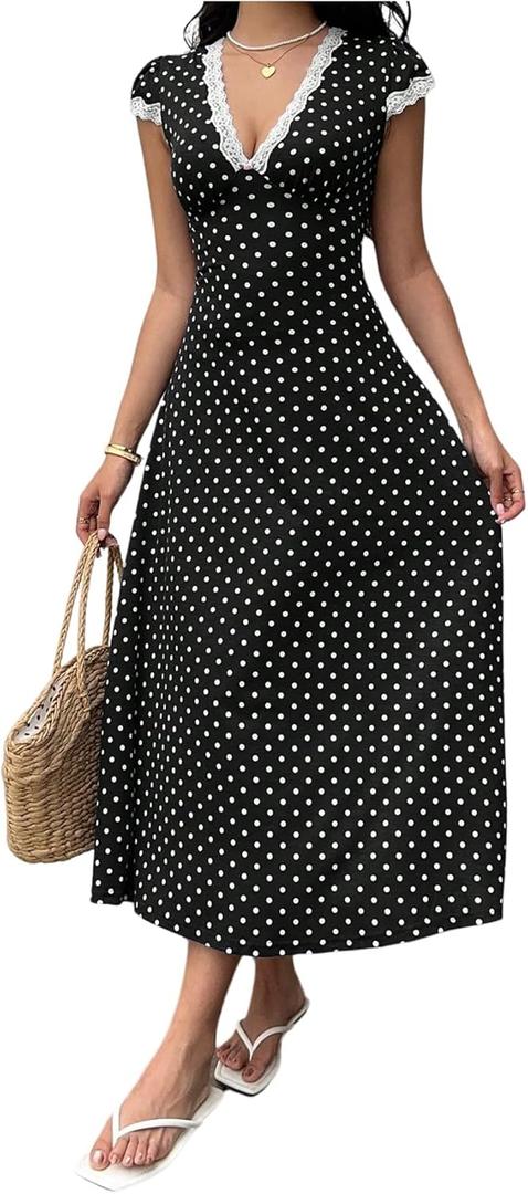 Milumia Women's Polka Dots Lace Trim Deep V Neck Dress Short Sleeve Flared Long Dresses (Black)