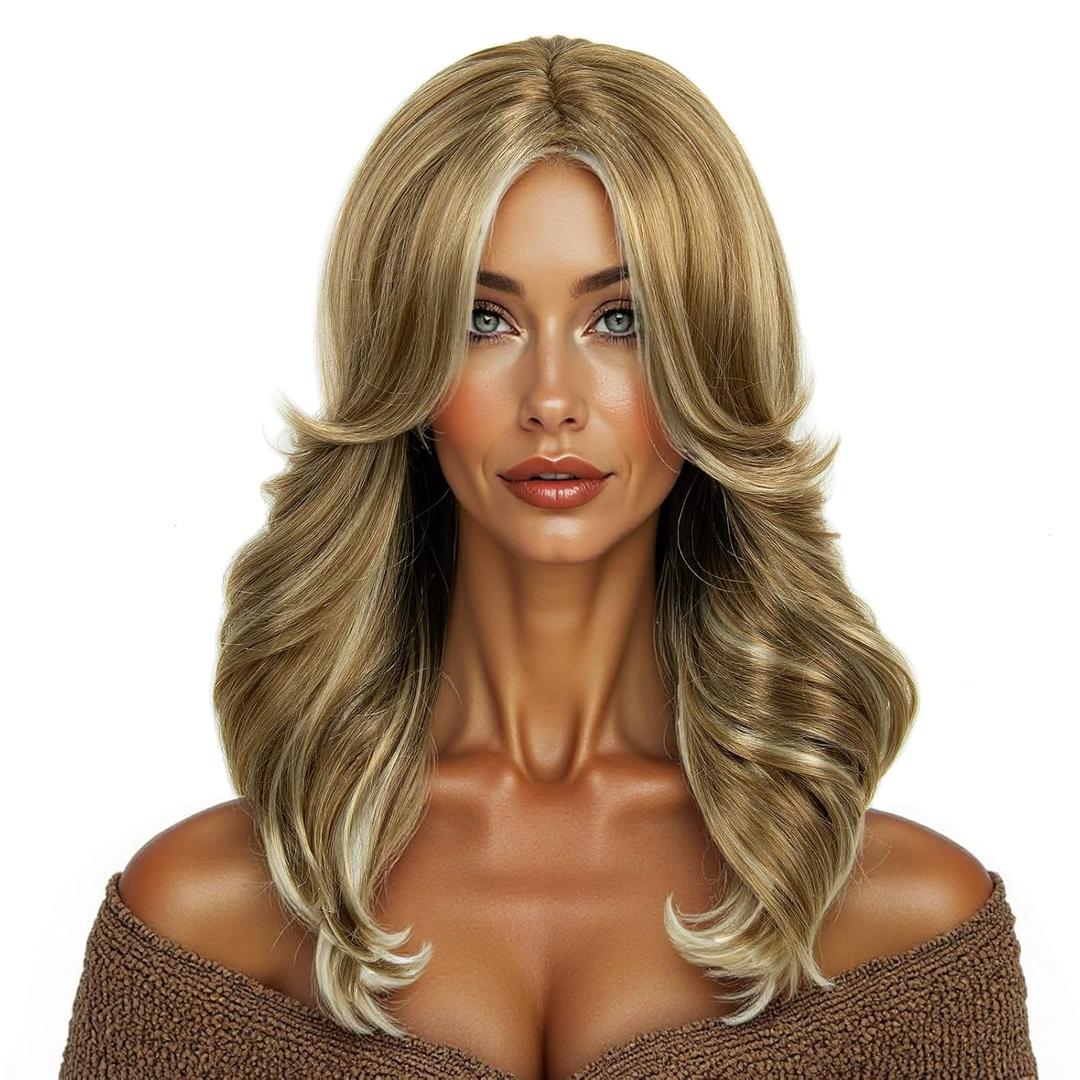 Long Layered Synthetic Hair Wigs for Women with Bang Mixed Light Blonde for Daily Party Use (W6237#16H613)