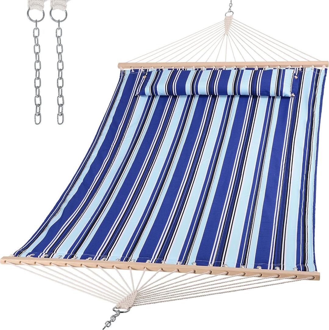 SUNCREAT Hammocks Quilted Fabric Hammock, Double Hammock with Spreader Bar, Soft Pillow, Max 475lbs Capacity, Blue Stripes  122"L x 55.1"W
