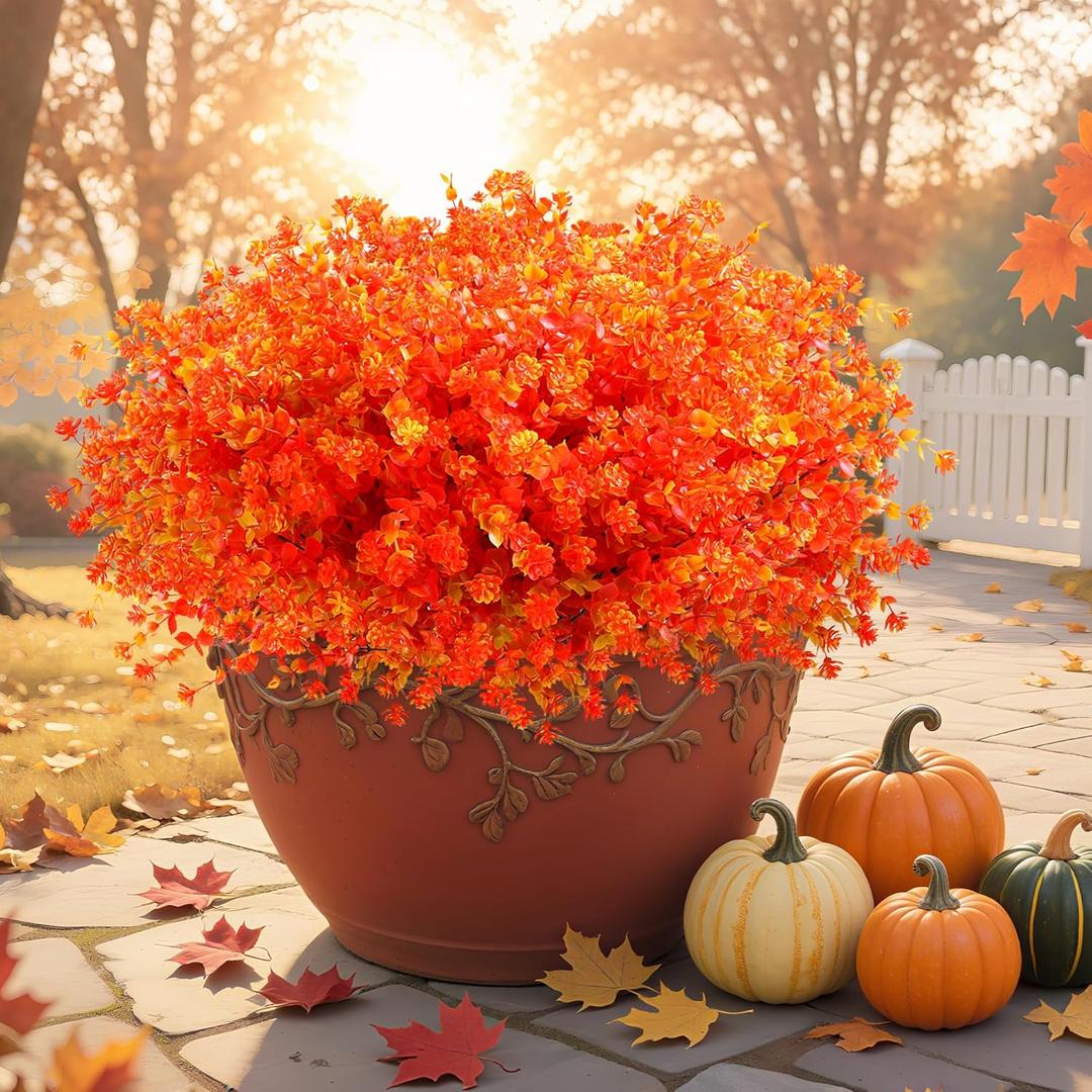 SITUMEIZI Artificial Mums for Outdoor Fall Flowers,Faux Flower Eucalyptus Leaves Fake Plants Greenery Outside Plastic Proch Patio Front Fall Halloween Thanksgiving Decorations(8Pcs,Orange)