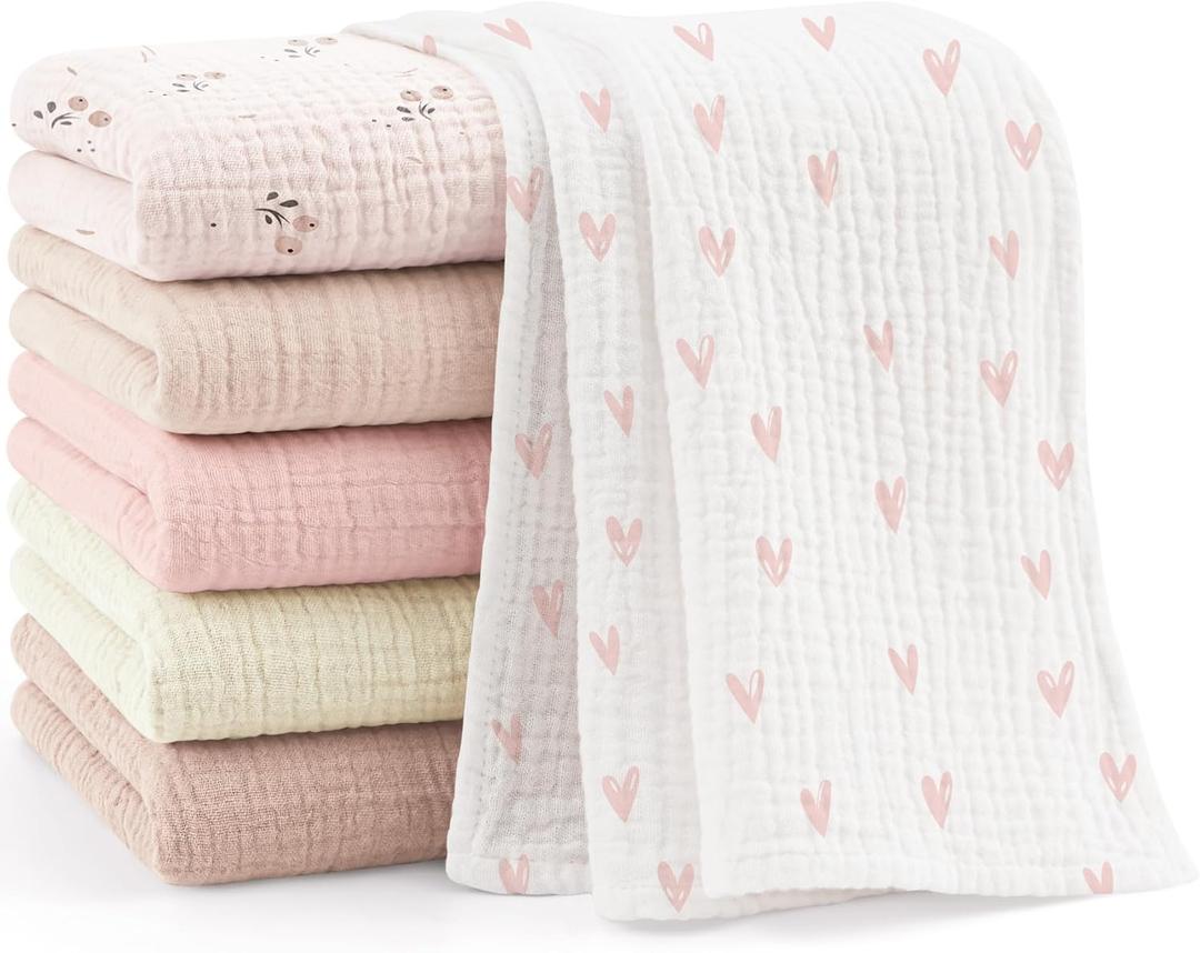 Bearmoss 6 Pack Large Muslin Burp Cloths, 100% Cotton Soft Baby Burping Cloths for Boy, Girl, 23.6" X 23.6" Absorbent Milk Spit Up Rags, Newborn Essentials (Pink Print)