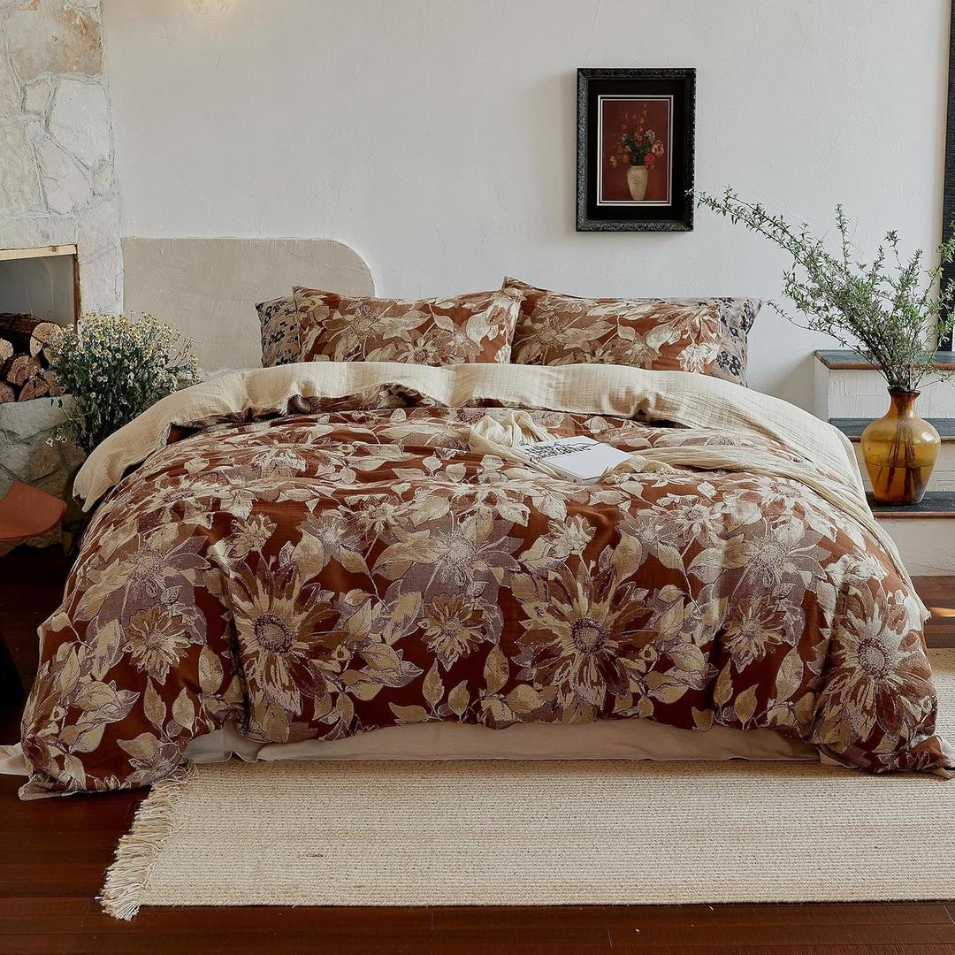 QKTE Premium 100% Cotton Muslin Duvet Cover Queen Size, 3 PCS Double Gauze Yarn-Dyed Jacquard Duvet Cover Set with Zipper Closure, Reversible Floral Breathable Soft Bedding for All Seasons, Coffee