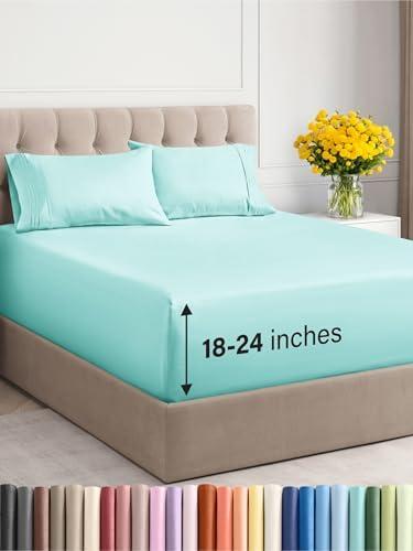 Extra Deep Pocket Queen Sheets - 4 Piece Breathable & Cooling Bed Sheets - Hotel Luxury Bed Sheet Set - Soft, Wrinkle Free & Comfy - Easily Fits Extra Deep Mattresses - Deep Pocket Spa Blue Sheets Set
