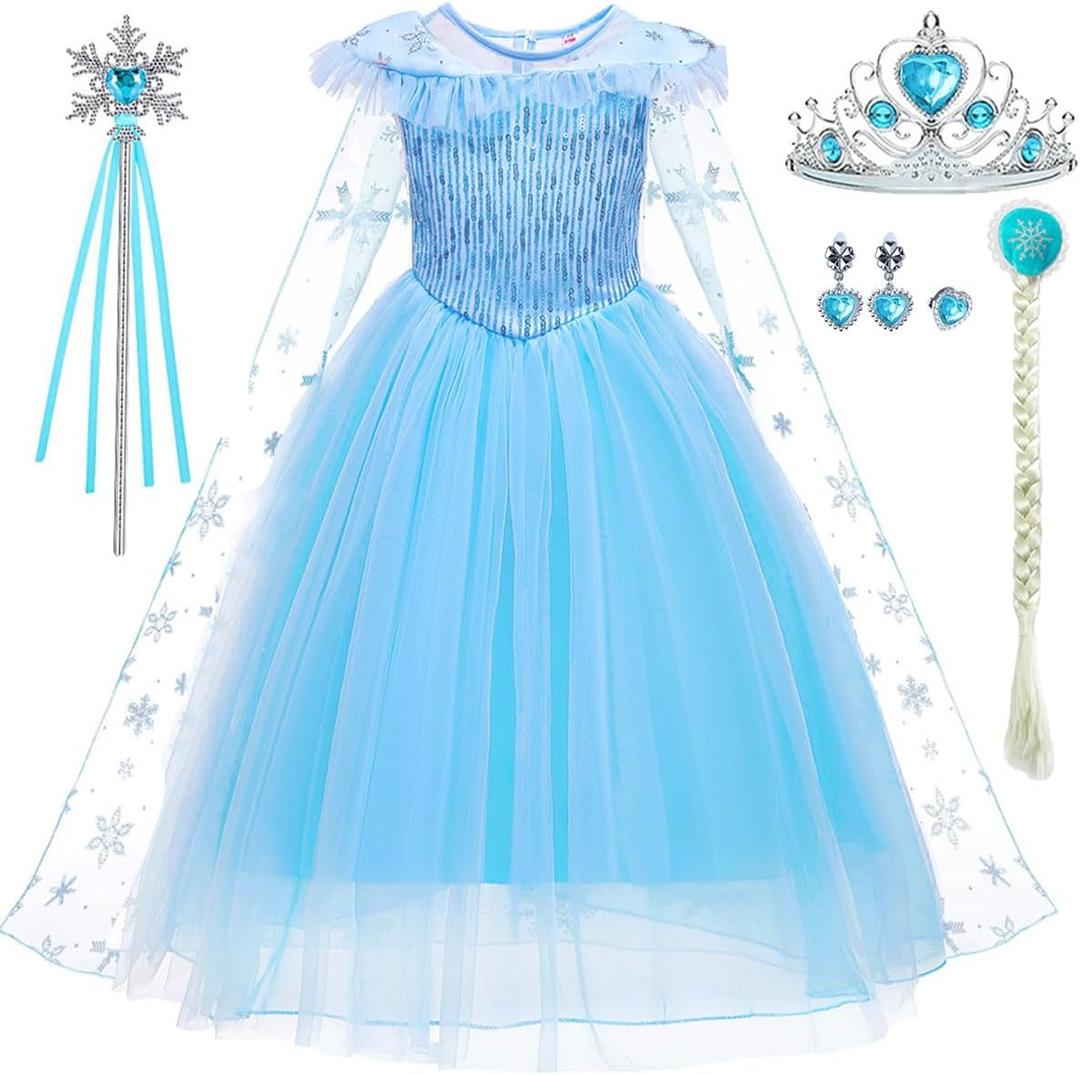 iTVTi Elsa Costume for Girls Toddler Elsa Dress Princess Halloween Birthday Outfit Blue Party Dress up with Accessories (6-7 Years)