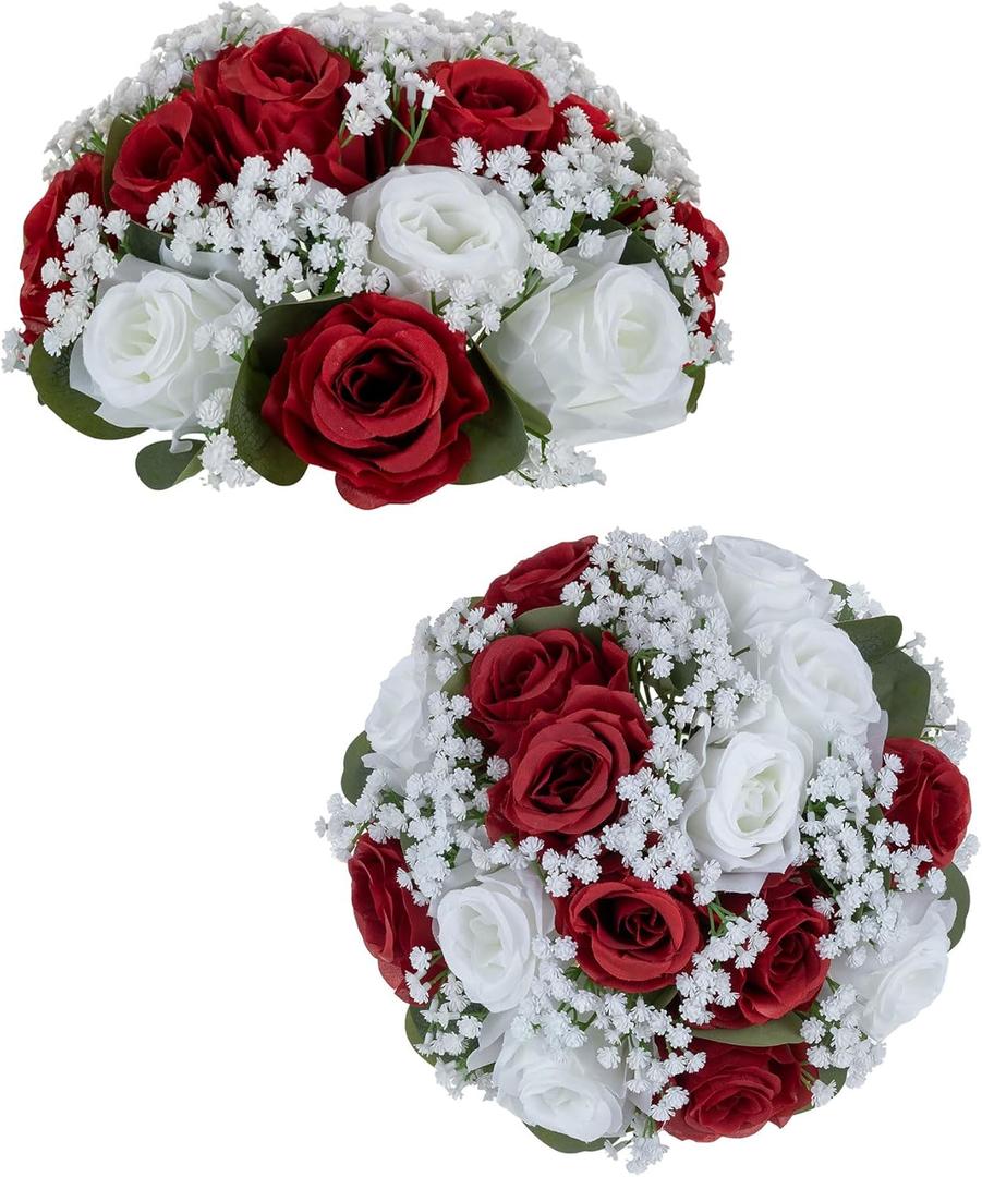 BLOSMON Fake Flowers Ball Wedding Centerpieces 2 Pcs Crimson Rose Babys Breath Artificial Flowers Center Pieces Decoration for Table Silk Kissing Floral Bouquet Arrangements for Home Party DIY Decor