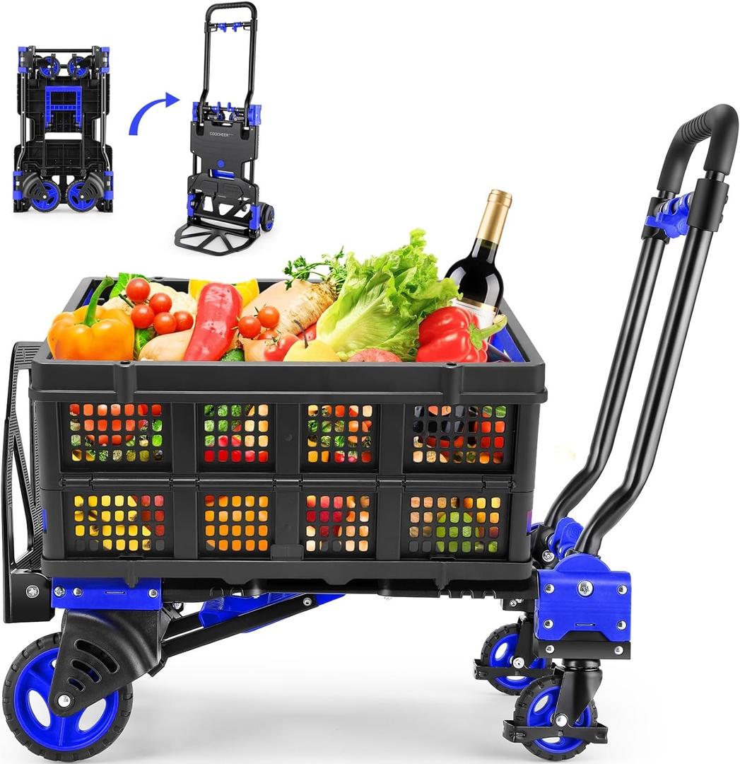 2-in-1Hand Truck Dolly Foldable with Folding Basket, 330LB Folding Hand Truck Heavy Duty Carrying, Combination of 4 Wheels and 2 Wheels Convertible Dolly Cart with Retractable Handle Dolly for Moving