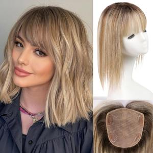starluck Hair Toppers for Women with Bangs, 5"*5.5"Large Coverage Ombre Blonde Mix Brown 100% Real Human Hair,Cover Gray HairRoots,Best Hairtoppers for ThinHair (12 Inch-bangs)