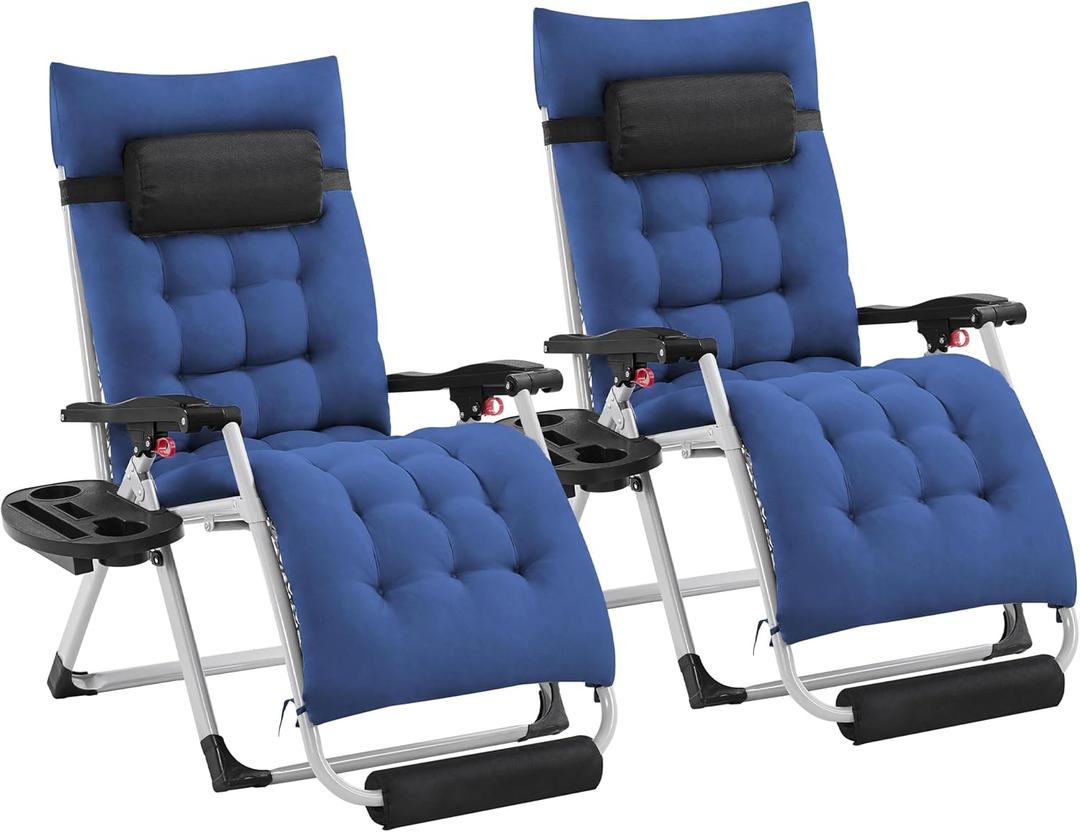 Yaheetech Zero Gravity Chair, Folding Reclining Lounge Recliner with Removable Pad & Headrest & Side Cup Holder Tray for Indoor and Outdoor Navy Blue/2