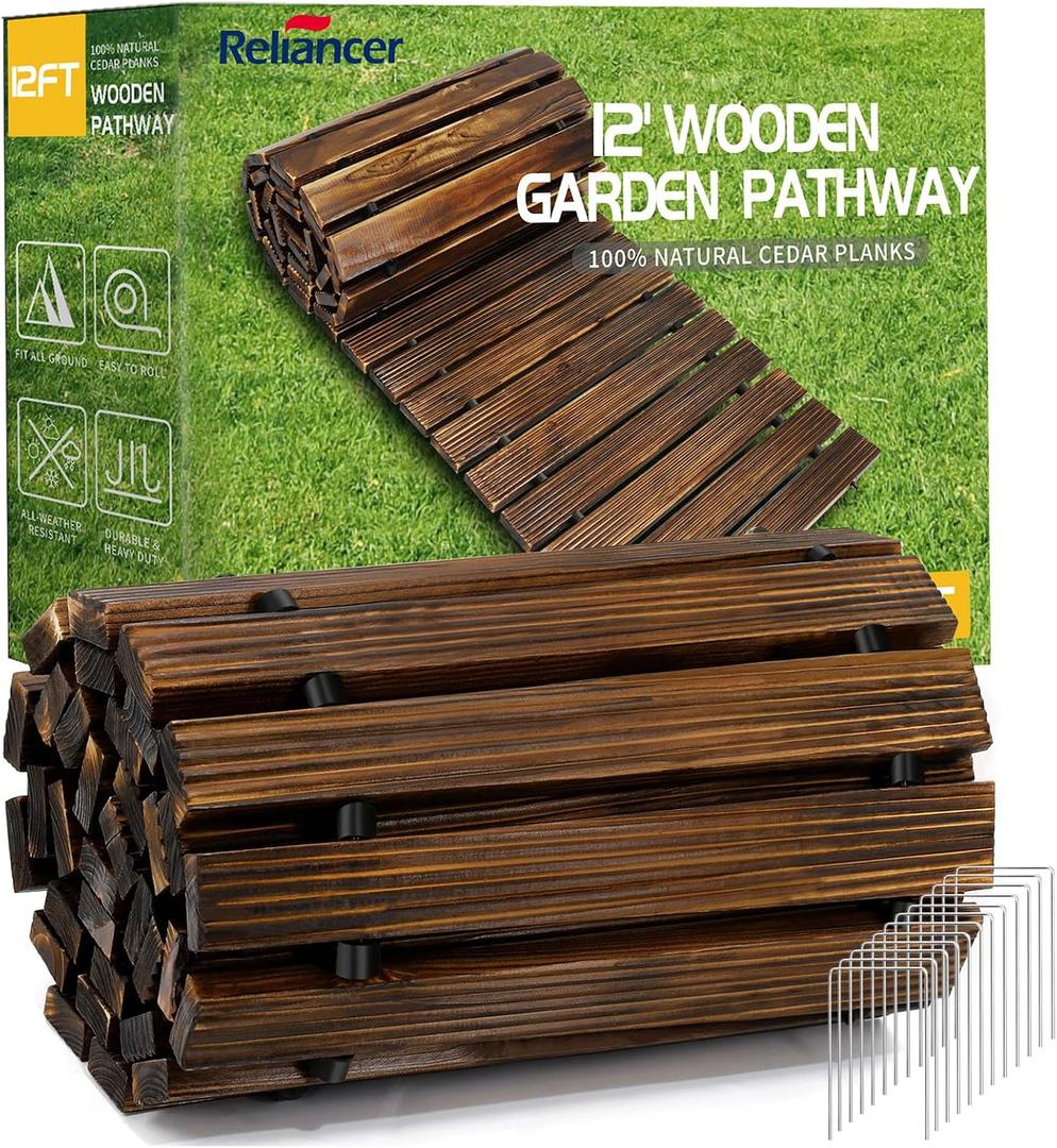 RELIANCER 12' Wooden Garden Pathway,22" Wide Outdoor Roll Out Patio Walkway