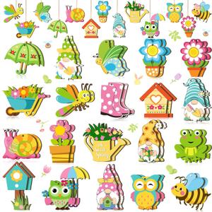 GlikCeil 40 Pcs Spring Flower Ornaments Spring Tree Ornaments Wood Easter Tree Decorations Butterfly Flower Gnome Hanging Decorations for Holiday Easter Party Home Decoration