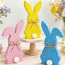 Easter Decorations for Home, 3 Pcs Wooden Easter Bunny Decorations, Farmhouse Easter Home Table Decor, Tiered Tray Centerpiece & Gift (Blue,Yellow,Pink)