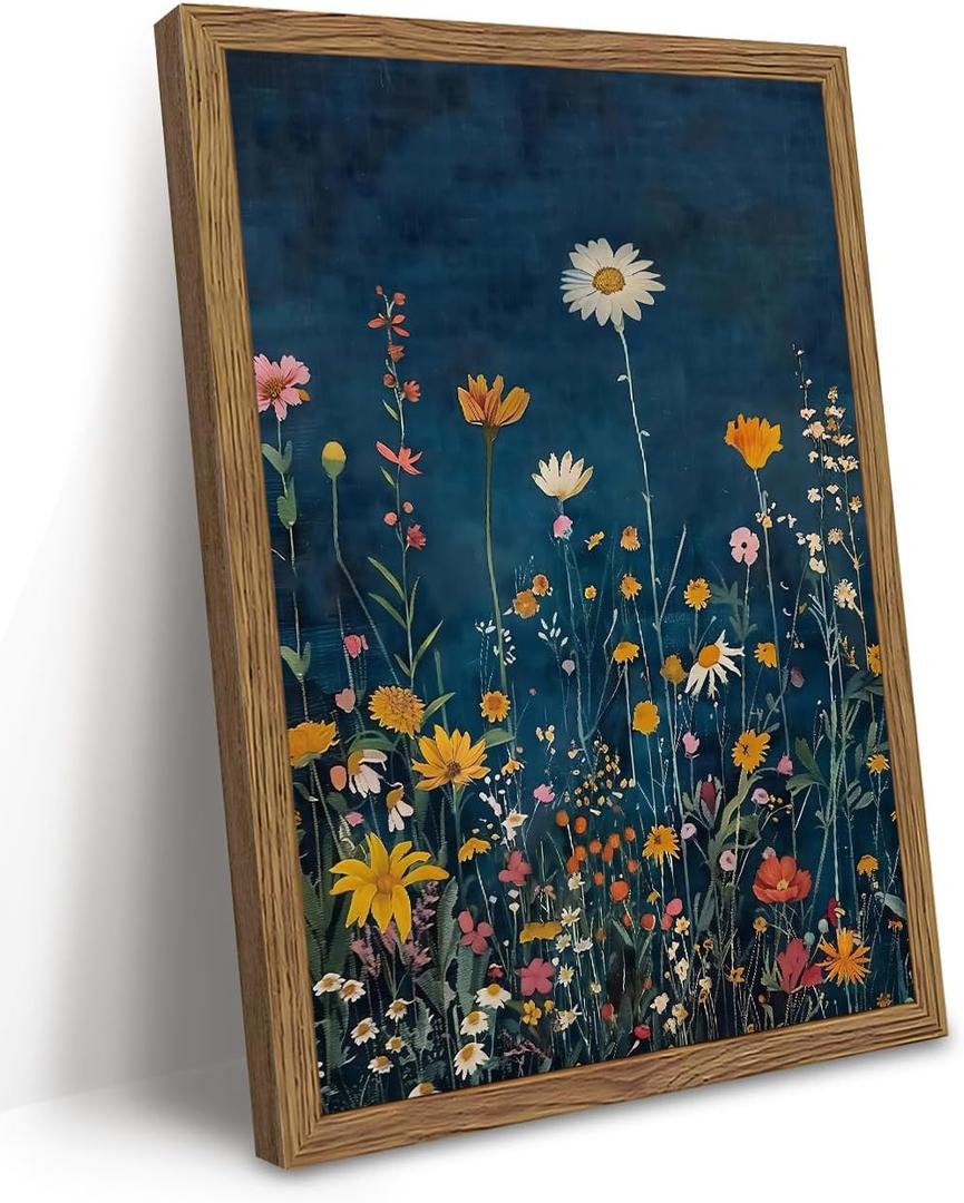 Vintage Spring Wildflower Wall Art, Dark Blue Floral Pictures Wall Decor, Moody Botanical Prints, Cottagecore Colorful Flower Painting, Neutral Artwork for Gallery Living Room Framed 16x24 Inch