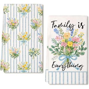 Flower Spring Kitchen Towels Set of 2,Blue Floral Dish Hand Towels Farmhouse Indoor Outdoor Holiday Seasonal Decorations DD092