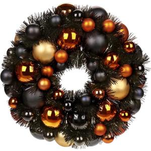 Christmas Ball Wreath 13" Xmas Wreaths Ornaments Glitter Thicken Shatterproof Garland Decoration for Front Door Wall Mantel Christmas Halloween Holiday Party Decor, Orange & Black & Gold