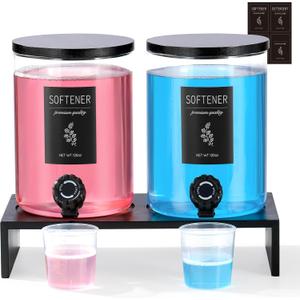 Glass Laundry Detergent Dispenser with Shelf & Black Bamboo Lid - 120 Oz Liquid Detergent, Laundry Soap & Fabric Softener Dispenser for Laundry Room Organization and Storage with 2 Cups & 8 Labels 