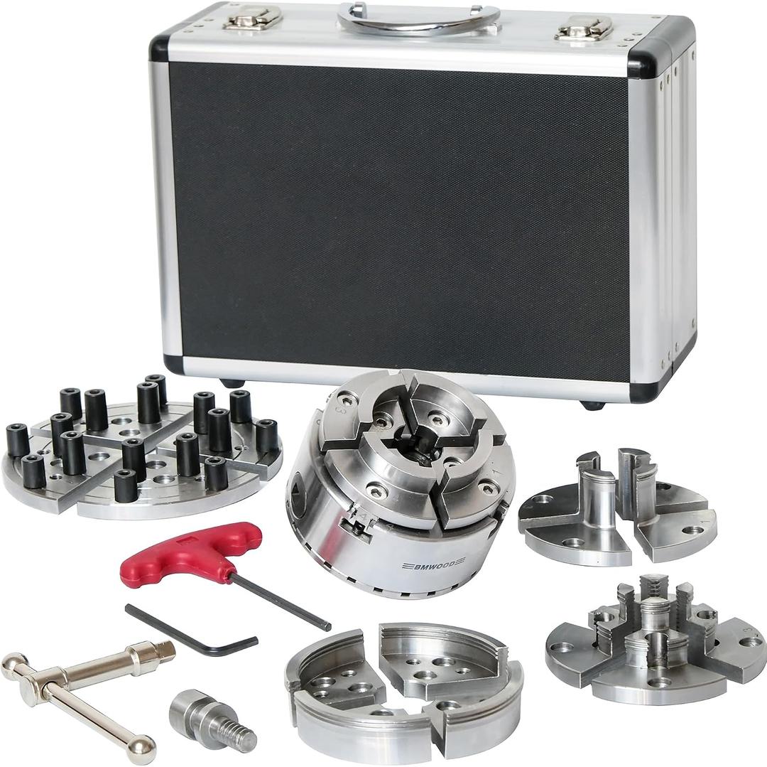 NCK-3.75ZN/S1 Wood Lathe Chuck 3-3/4" Self Centering Chuck Set 1x 8TPI Direct Thread with locking set screws for reverse turning, 5 Sets 4-jaws in Aluminum Case.