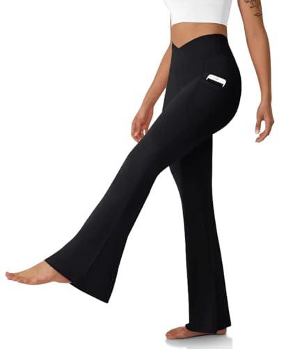 DLOODA Women's Flare Leggings with Pockets-Crossover High Waisted Bootcut Yoga Pants-Tummy Control Bell Bottom Leggings Black, Size XS
