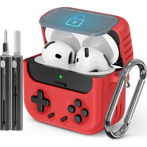 Inesore for Airpods 4 Case with Lock,Compatible with Airpods 4 with Active Noise Cancellation Cases,Classic Cool Funny Game Console Air pods4 Case Cover for Men Boy with Cleaner Kit(Red)