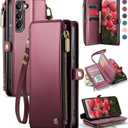 Defencase Compatible with Galaxy S21 FE 5G Case Wallet with RFID Blocking Card Holder for Women Men, PU Leather Magnetic Snap Flip Zipper Strap Phone Case Fit for Samsung Galaxy S21 FE 5G, Wine Red